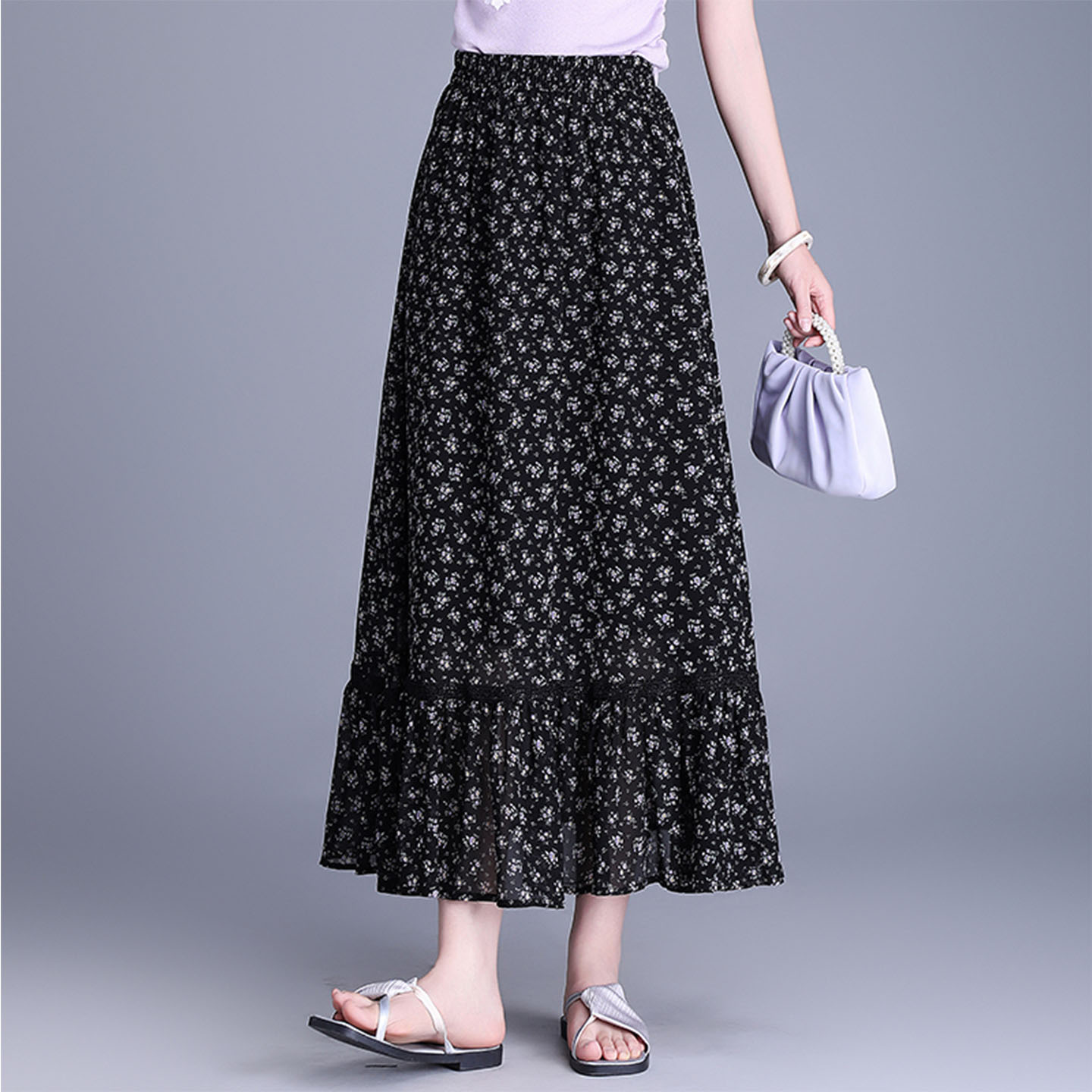 碎花半身裙女2025夏季新款高腰显瘦中长款松紧腰时尚大摆a字伞裙