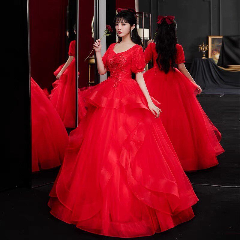 现货速发婚纱礼服学生艺考美声独唱主持人影楼舞台演出齐地蓬蓬裙