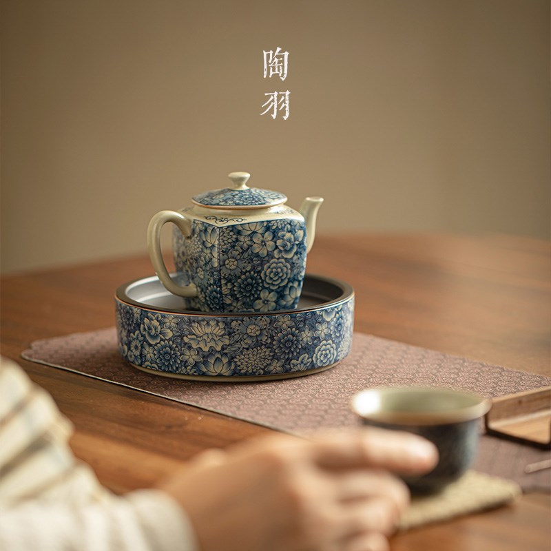速发老陶泥手工茶壶复古泡茶壶家用四方壶壶承开片汝瓷功夫茶具泡