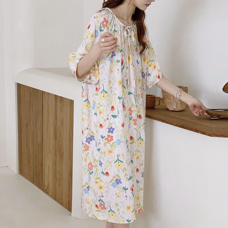 现货速发棉绸睡裙夏睡衣人造棉妈妈连衣裙睡衣裙大码薄款风