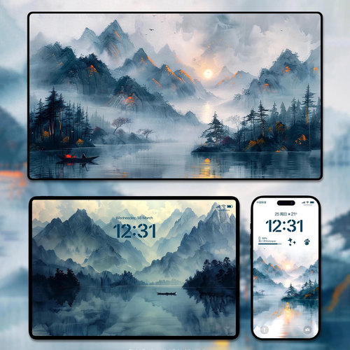 水墨山水画高清壁纸4KiPhone手机苹果平板电脑ipad插画壁纸素材图