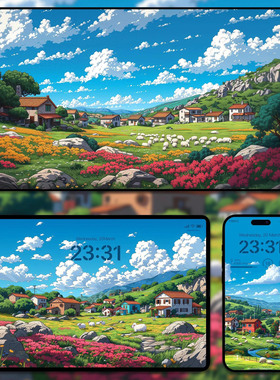 6张山村治愈风景壁纸手机高清壁纸ipad平板电脑桌面插画风景素材