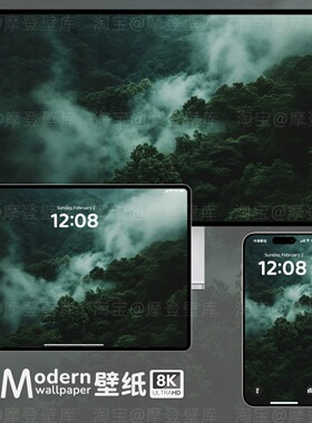 迷雾森林8K高清壁纸手机ipad平板电脑桌面深绿色系护眼风景插画图