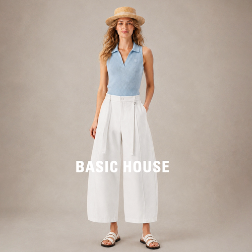 Basic House百家好2026新款气质百搭弯刀裤女高腰宽松显瘦九分裤