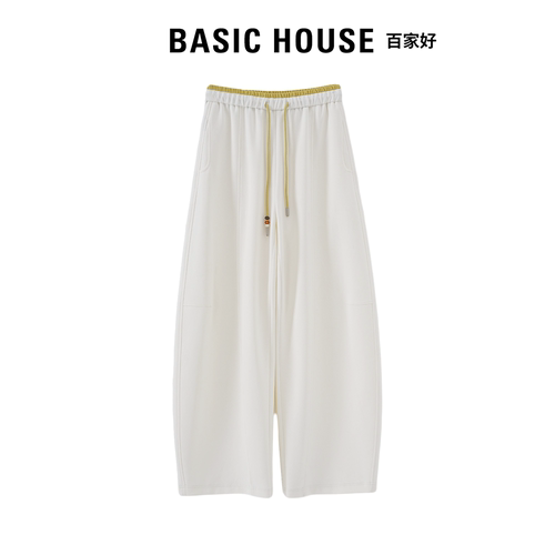 Basic House百家好阔腿卫裤女松紧高腰垂坠高级感夏季薄款弯刀裤