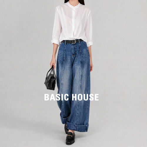 Basic House百家好翻边裤脚牛仔裤女2026秋季韩系百搭显瘦阔腿裤