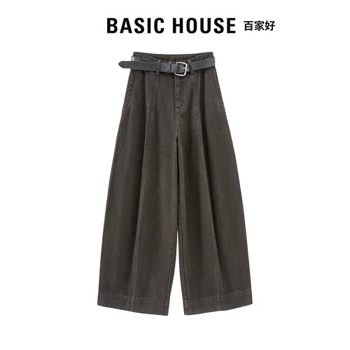 Basic House百家好秋季休闲百搭阔腿裤2026新品复古弯刀牛仔裤女