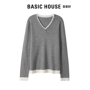 韩系松弛宽松V领高级感上衣女 2025款 Basic House百家好羊毛针织衫