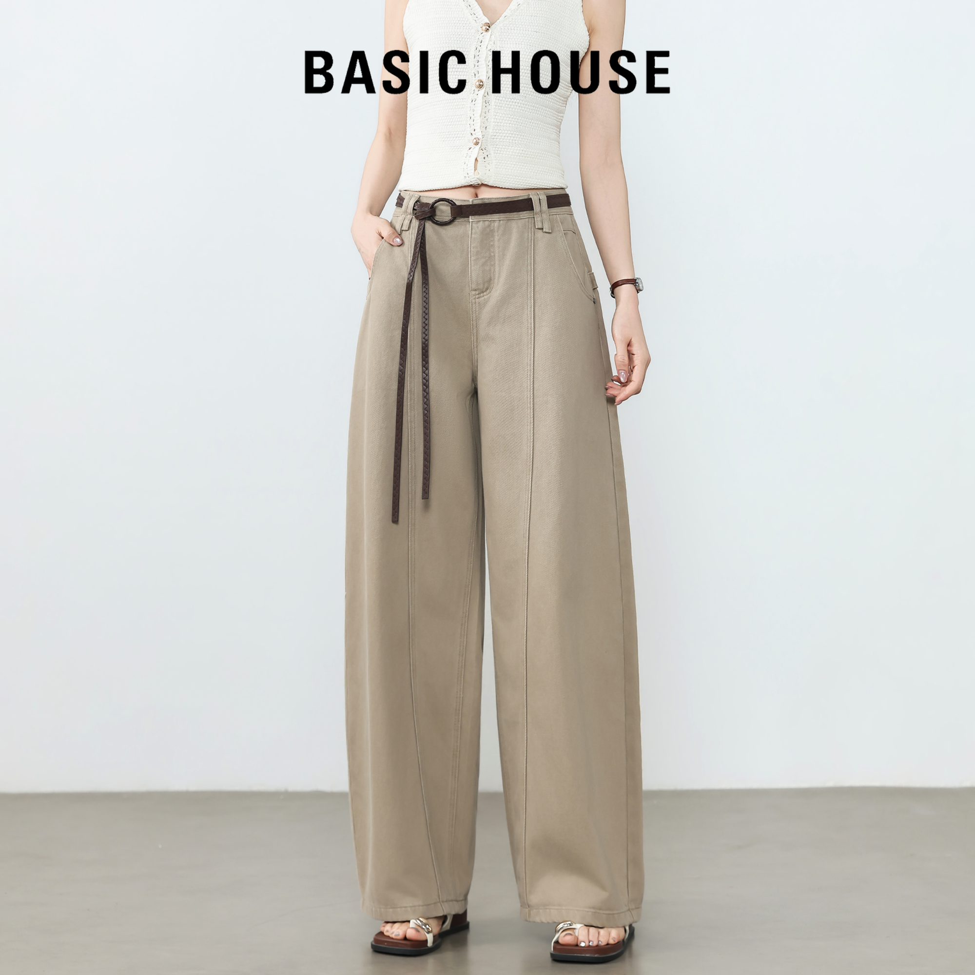 Basic House百家好高腰弯刀裤女2026款圆环腰带宽松显瘦牛仔长裤