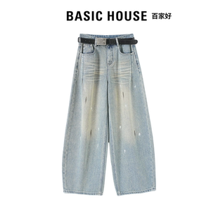 女高个子显瘦阔腿长裤 Basic House百家好泼墨涂鸦蓝色弯刀牛仔裤