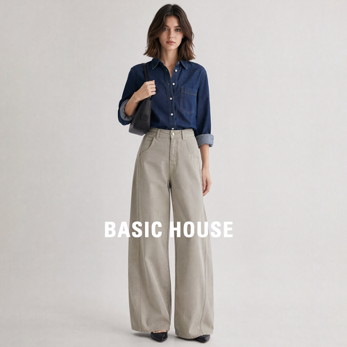 Basic House百家好高腰窄版弯刀裤女秋季新品百搭显瘦阔腿牛仔裤