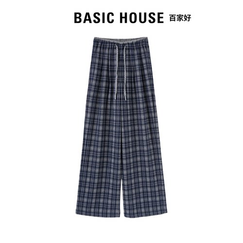 Basic House百家好复古格纹阔腿裤女2026秋季松紧高腰弹力休闲裤