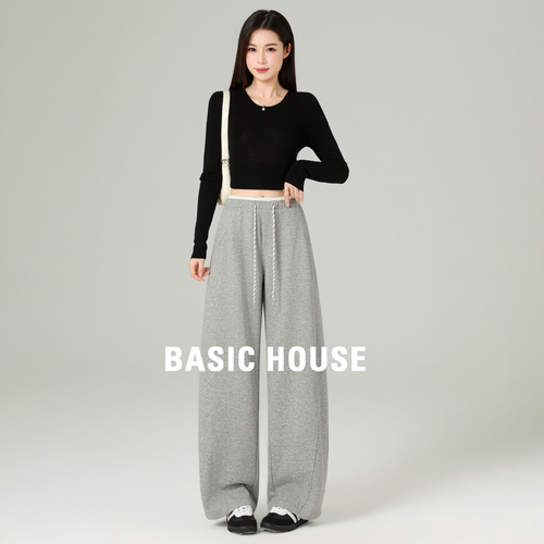 Basic House百家好秋季新品撞色腰弯刀裤女慵懒风百搭显瘦休闲裤