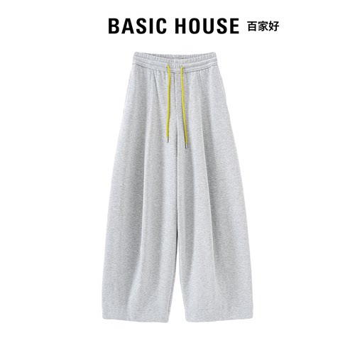 Basic House百家好休闲弹力弯刀裤秋季美式撞色抽绳卫裤运动裤女