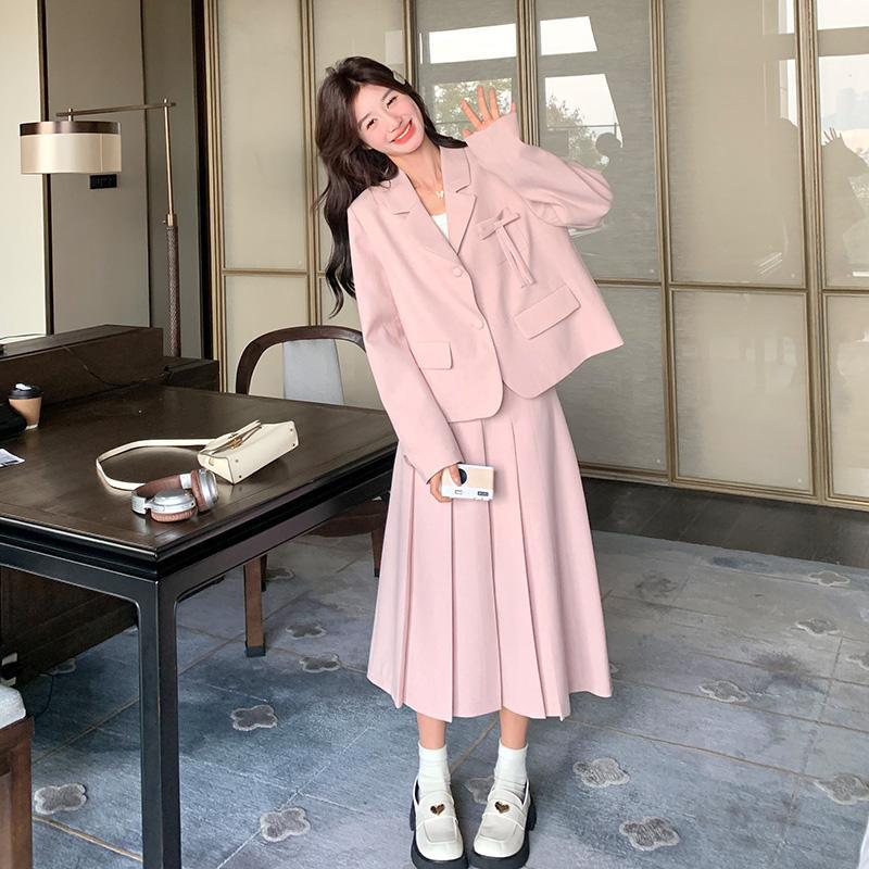 实拍法式粉色西装套装裙女春秋2025新款小个子高级感温柔风ootd