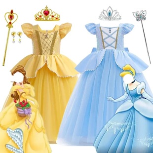 灰姑娘女童公主裙蓬蓬纱礼服Cinderella冰雪奇缘艾莎贝儿童连衣裙