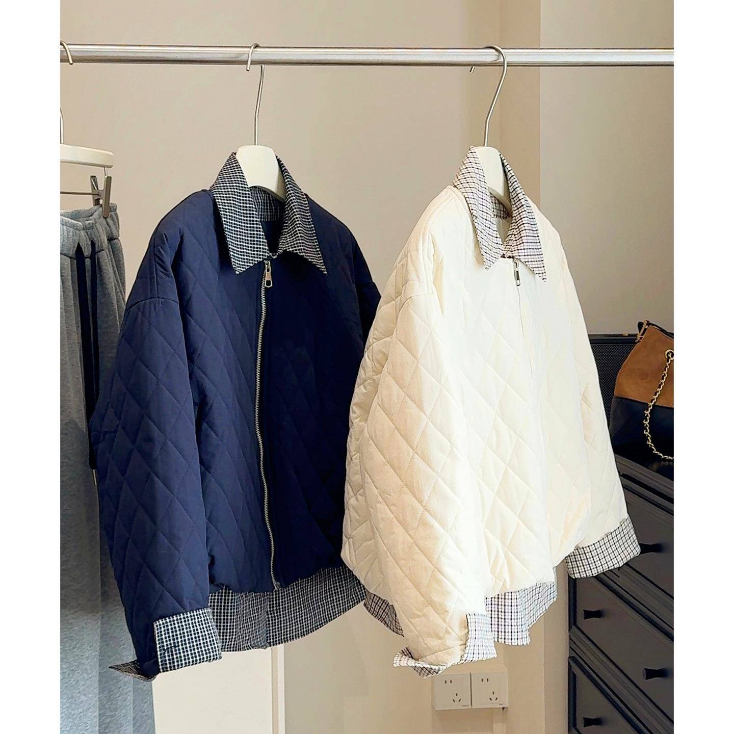 2025冬季新款假两件短款菱形格棉衣外套女拼接格子衬衫领夹克上衣