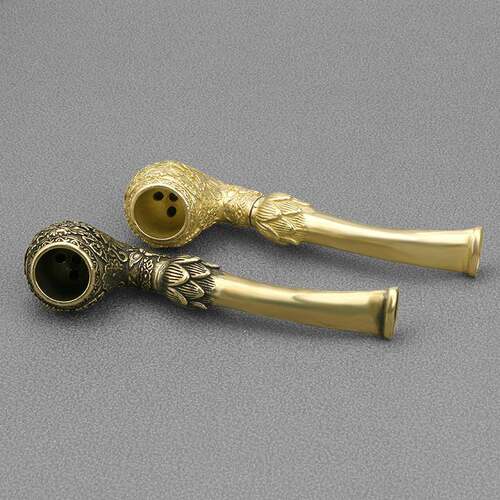 仿古烟玩黄铜做旧锦鲤匠CA1076精烟斗年年烟有鱼雕刻杆斗工艺品收
