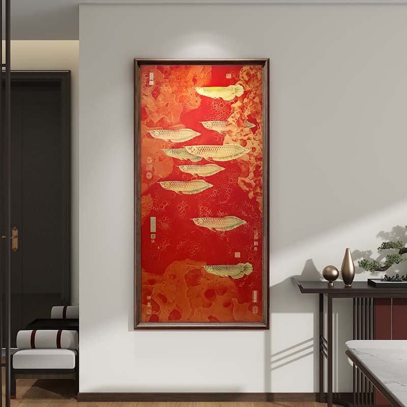 九鱼图玄关装饰画金龙鱼铜画客厅挂画大气轻奢新中式风水招财壁画图片
