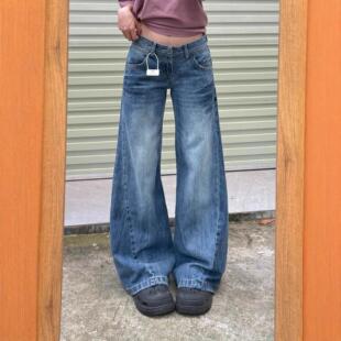 美式复古水洗低腰微喇牛仔裤女2026年潮流新款宽松窄版直筒拖地裤