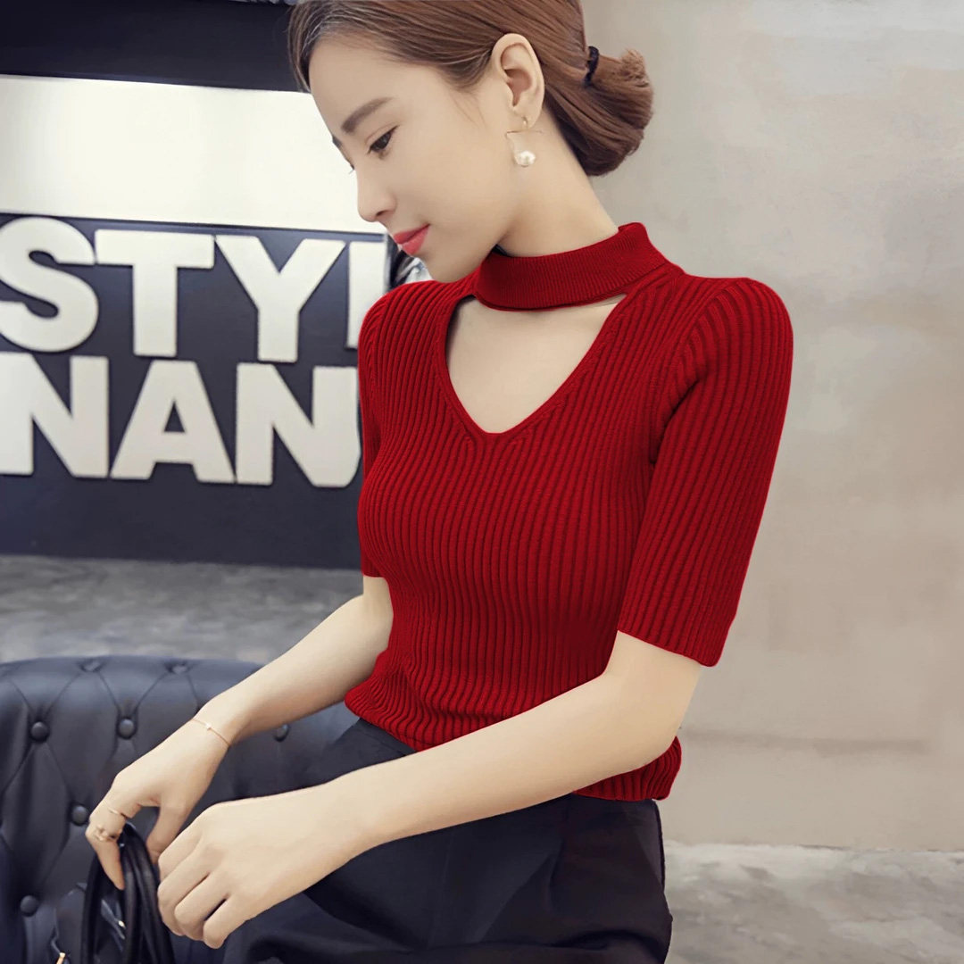 秋冬设计感V领镂空五分袖针织衫