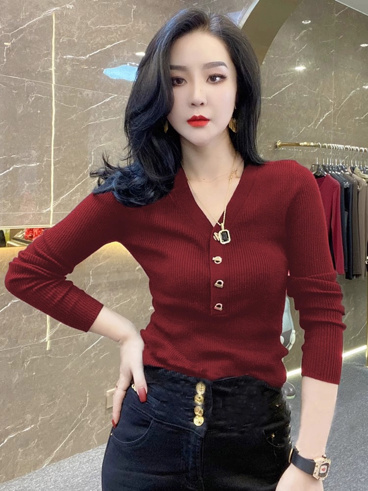 2025秋冬内搭修身上衣洋气性感针织衫毛衣欧货设计感V领打底衫女
