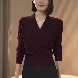 秋冬交叉V领针织衫女2026新款设计感修身显瘦内搭气质长袖打底衫