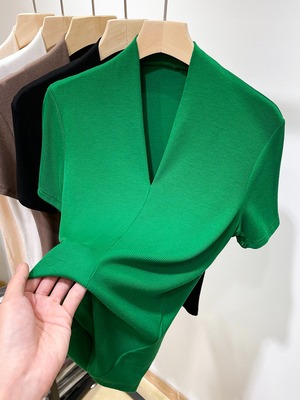 2025新款洋气半袖气质通勤上衣夏季冰丝针织短袖薄款T恤女V领修身