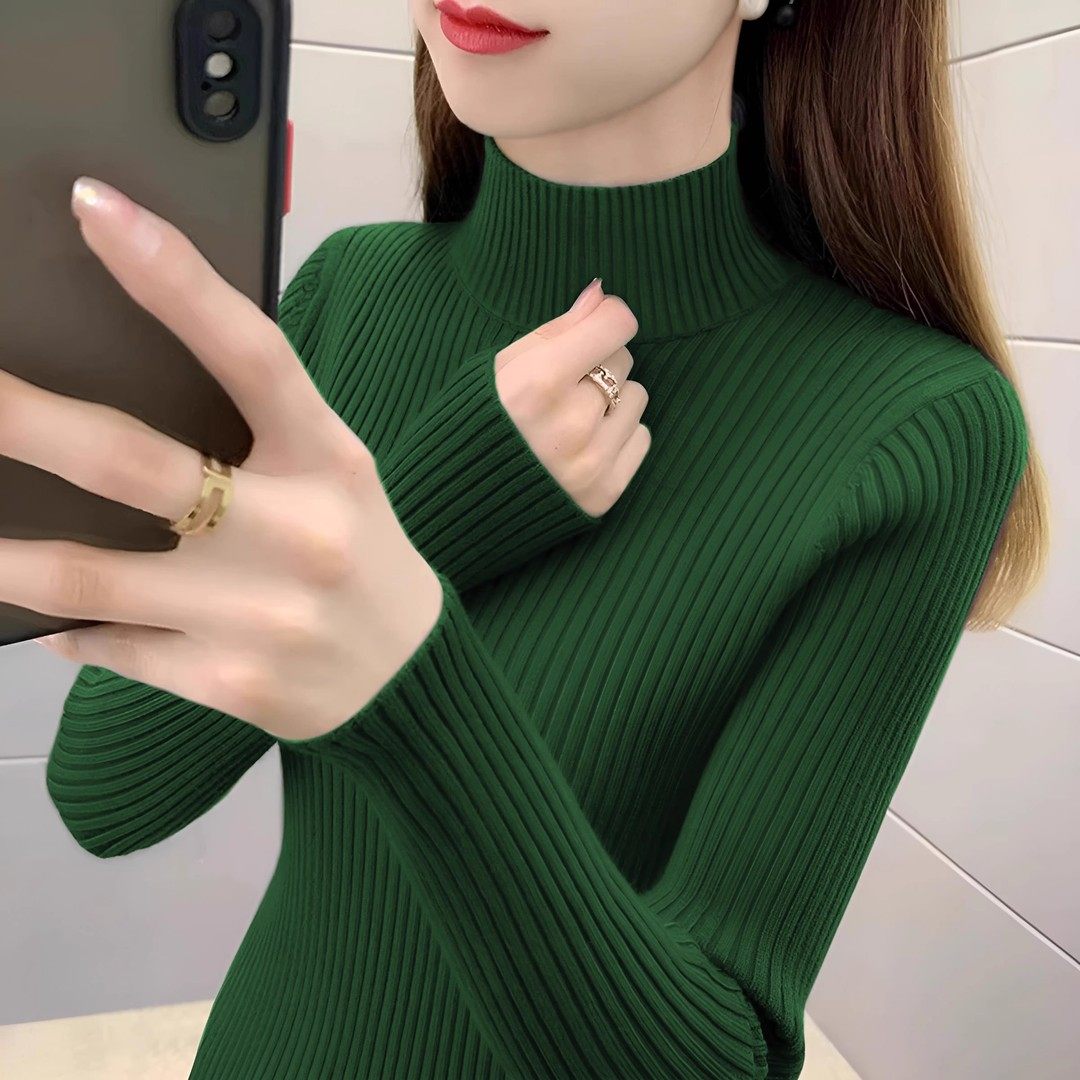 绿色半高领针织衫女秋冬中领修身
