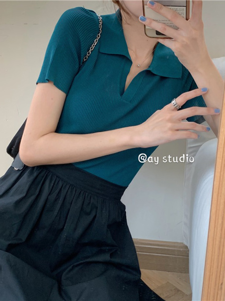 夏季薄款POLO领短款上衣女冰丝2025年新款设计感小众短袖针织衫夏