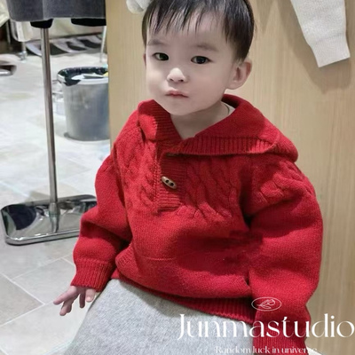 XGG童装男女童宝宝儿童冬装新款韩系复古麻花连帽打底毛衣针织衫