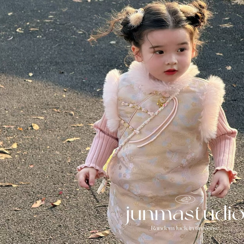 susie童装女童宝宝儿童冬装新中式国风夹棉背心短裙套装拜年服