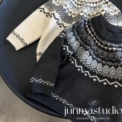 XGG童装男女童宝宝儿童冬装新款费尔岛加厚一体绒毛衣加绒针织衫