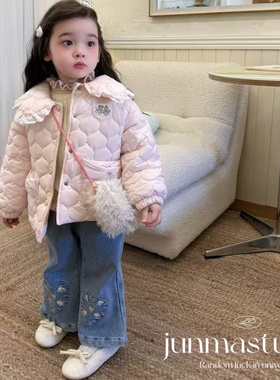 opolala童装女童宝宝儿童冬装小熊刺绣棉服棉衣外套加绒牛仔裤