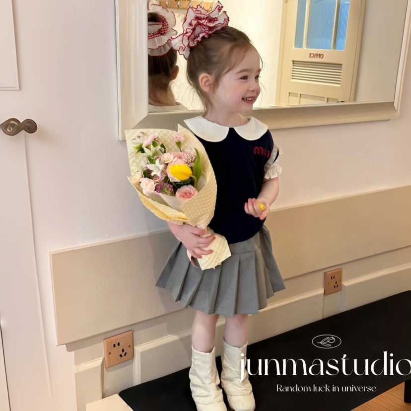 minie moon童装女童儿童宝宝春装针织背心短袖娃娃领衬衣百褶裙