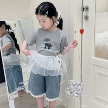 小妞大咖童装女童宝宝儿童夏装小狗短袖T恤上衣花边牛仔裤5分裤