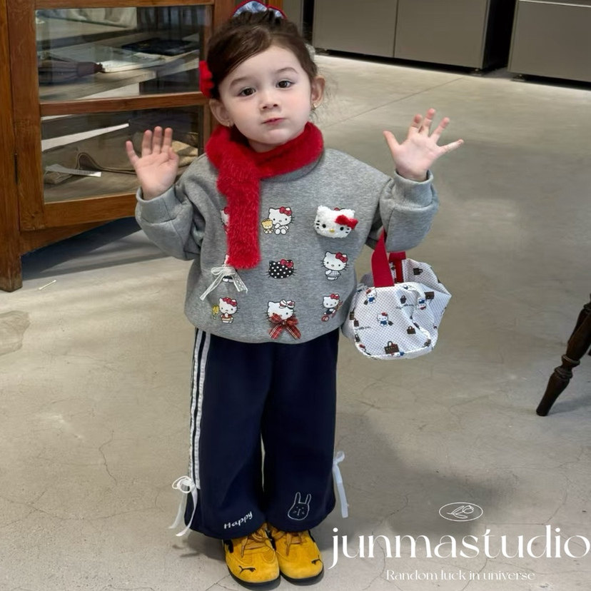 橙小7童装女童宝宝儿童冬装新款可爱KT猫加绒卫衣蝴蝶结运动裤