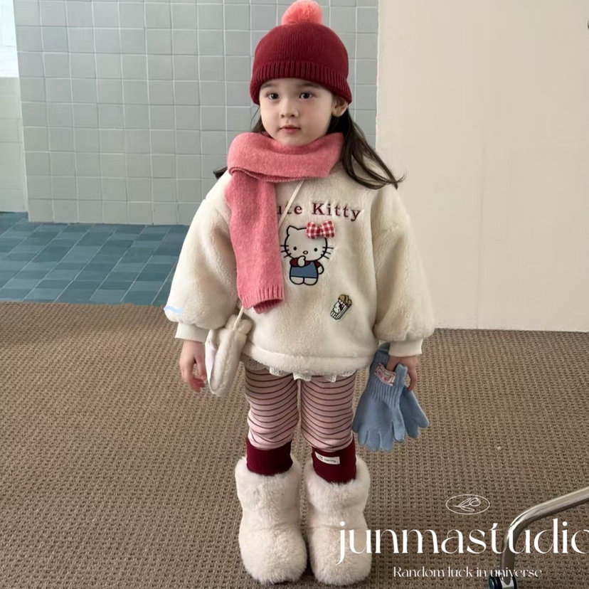 opao童装女童宝宝儿童冬装蝴蝶结KT猫加绒毛毛卫衣外套条纹打底裤,童装/婴儿装/亲子装,卫衣/绒衫,淘宝优惠券,粉丝福利购,淘宝优惠卷