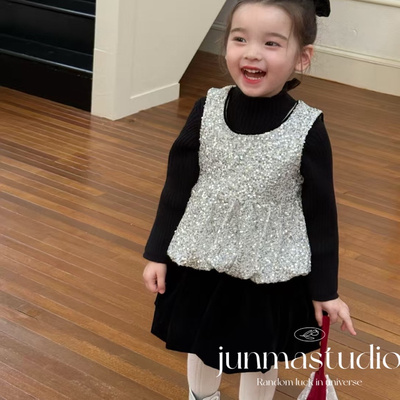 susie童装女童宝宝儿童冬装韩系亮片加绒背心娃娃衫灯笼裙套装