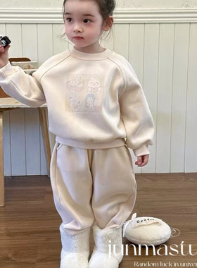 opolala童装女童宝宝儿童冬装加绒卫衣运动裤套装毛毛马甲外套