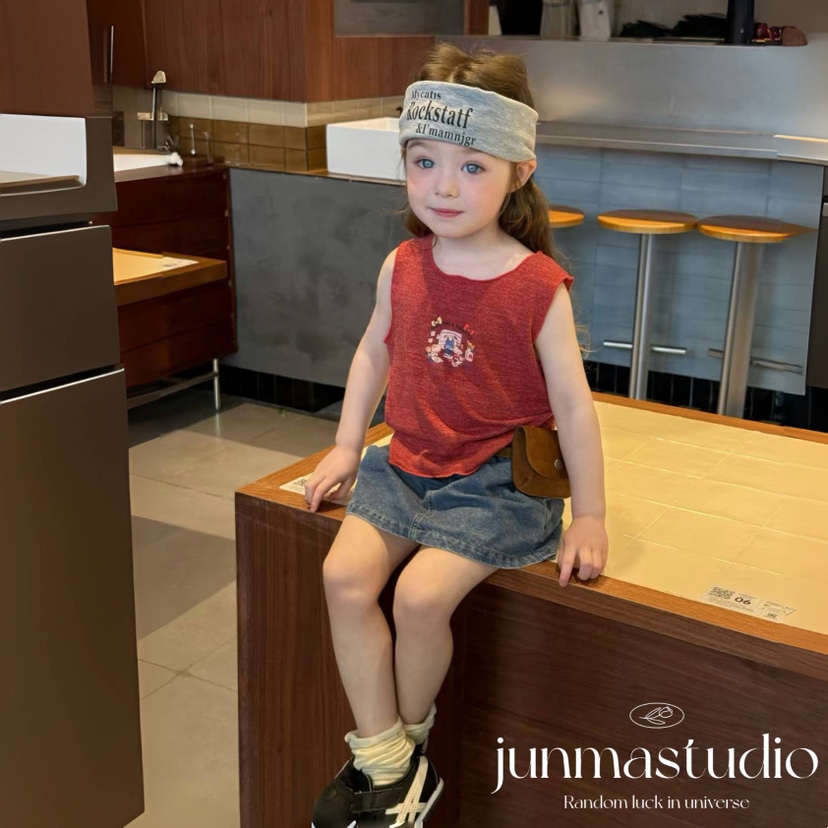 minie moon童装女童宝宝儿童夏装KT猫背心T恤上衣牛仔半身裙短裙