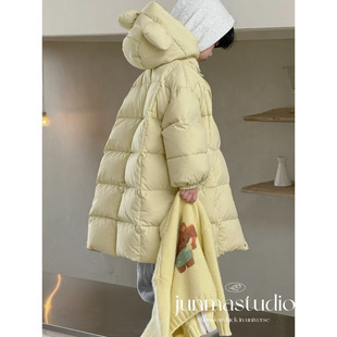 以个童装男女童宝宝冬装韩系小熊耳朵连帽羽绒服中长款白鸭绒外套