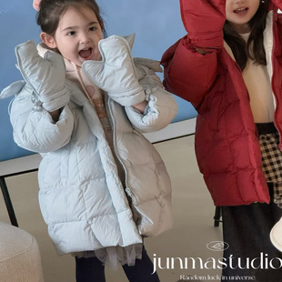 以个童装男女童宝宝儿童冬装韩系手套中长款连帽羽绒服白鸭绒外套