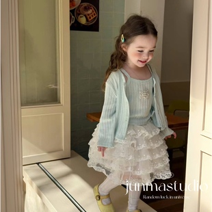 清仓!TF童装女童宝宝儿童春装坑条套装吊带开衫套装蛋糕裙短裙