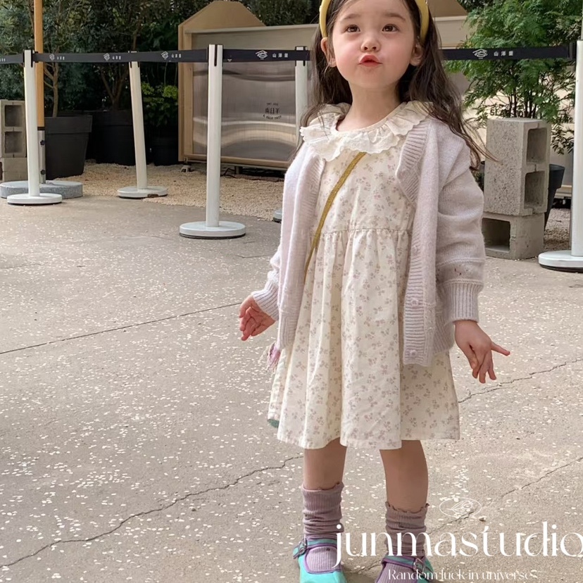 AH童装女童宝宝儿童秋装新款钩花毛衣开衫外套娃娃领碎花连衣裙子