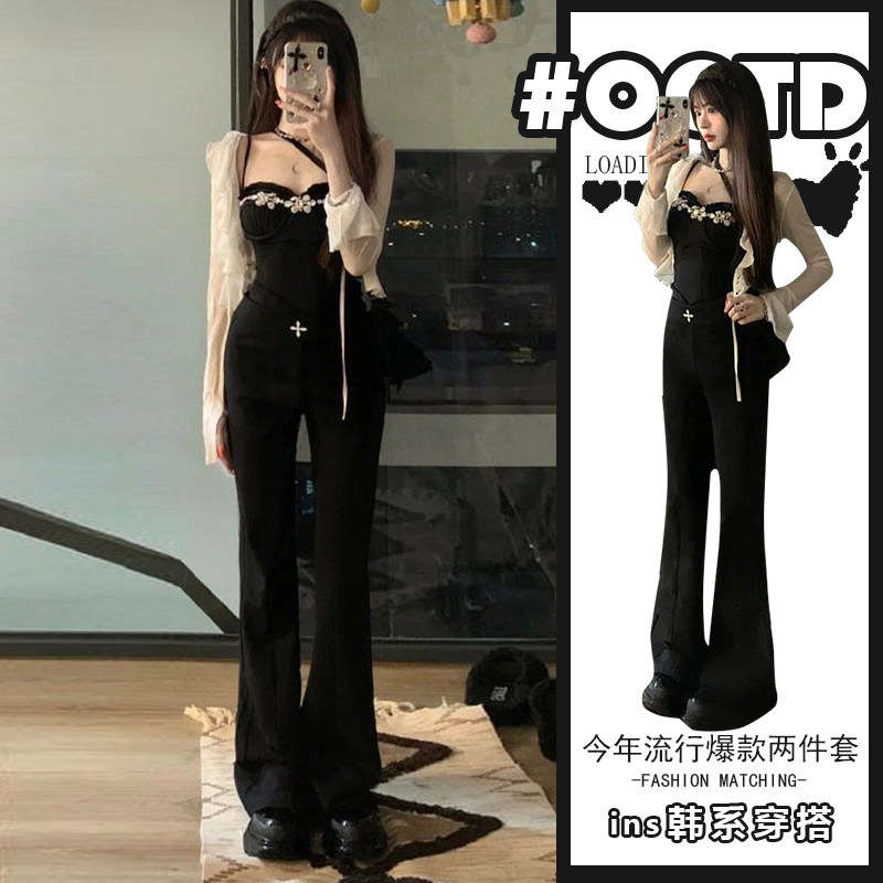 甜酷辣妹套装春夏季女2023新款露肩茶系穿搭背吊带西裤开衫三件套