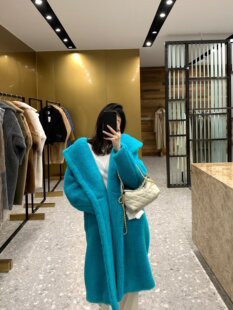 泰迪熊大衣teddy廓形羊驼毛绒 皮草外套女2024秋冬新款藏青湖水绿