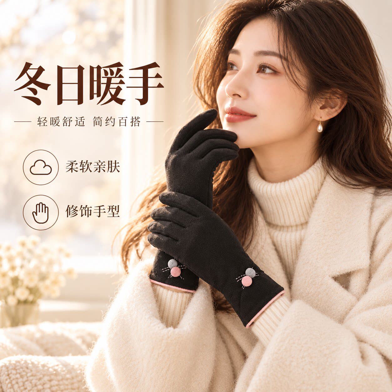 德绒保暖触屏户外开车手套女款