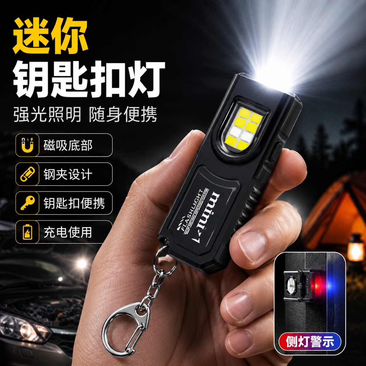 钥匙扣迷你强光可充电磁吸手电