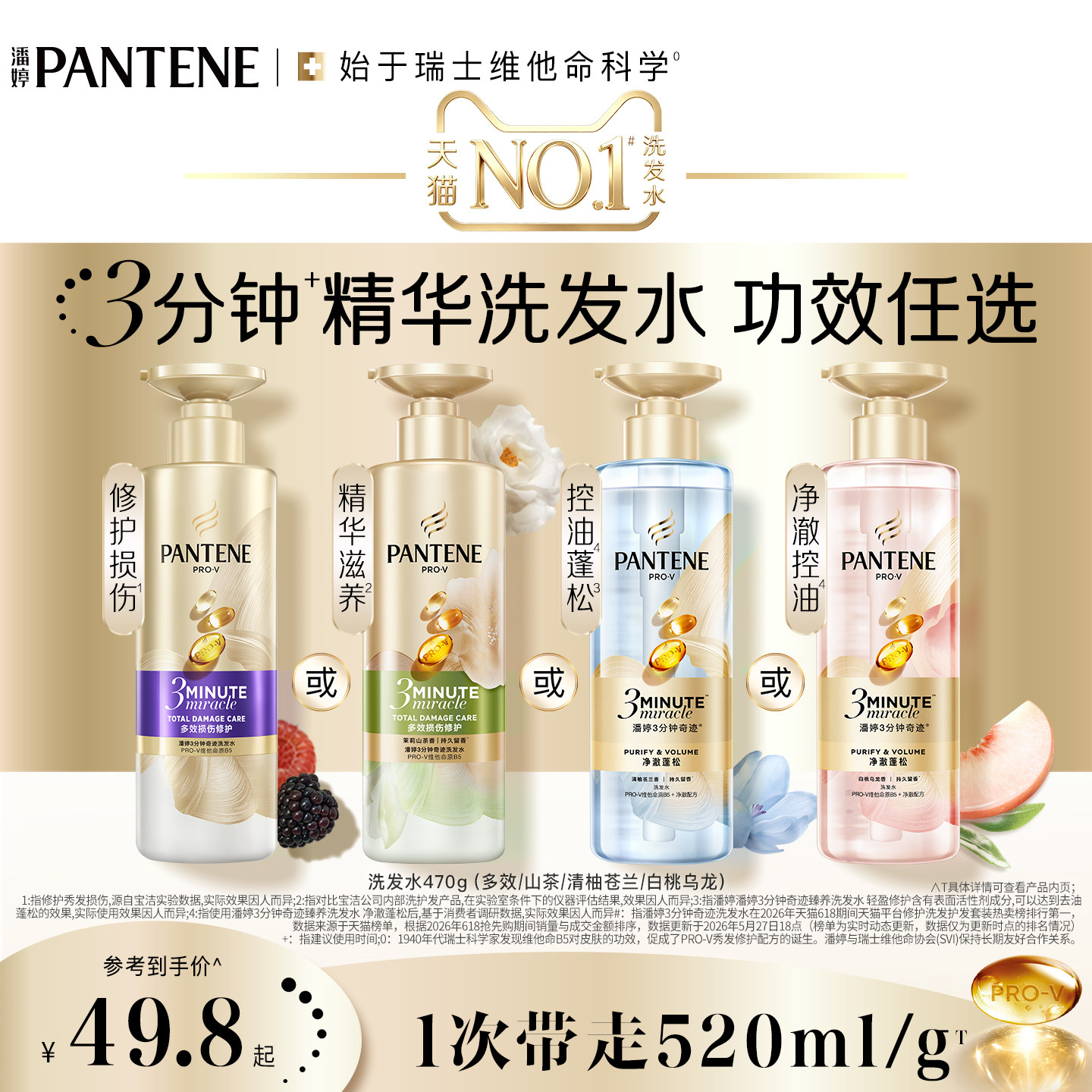 潘婷三分钟奇迹洗发水洗发露女蓬松清爽控油白桃修护损伤官方正品